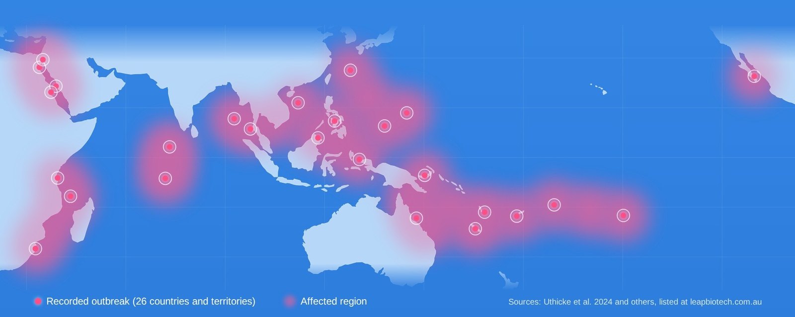 World map highlighting the regions where crown-of-thorns starfish outbreaks have been recorded, from the Red Sea and East Africa across the Indian Ocean, South-East Asia and the Pacific to the Gulf of California